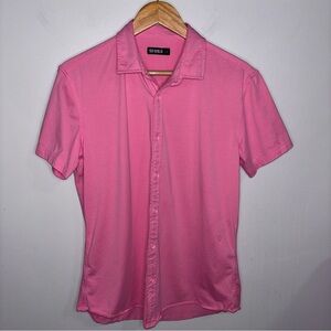 ST33LE men's pink stretch knit short sleeve button front shirt size Large